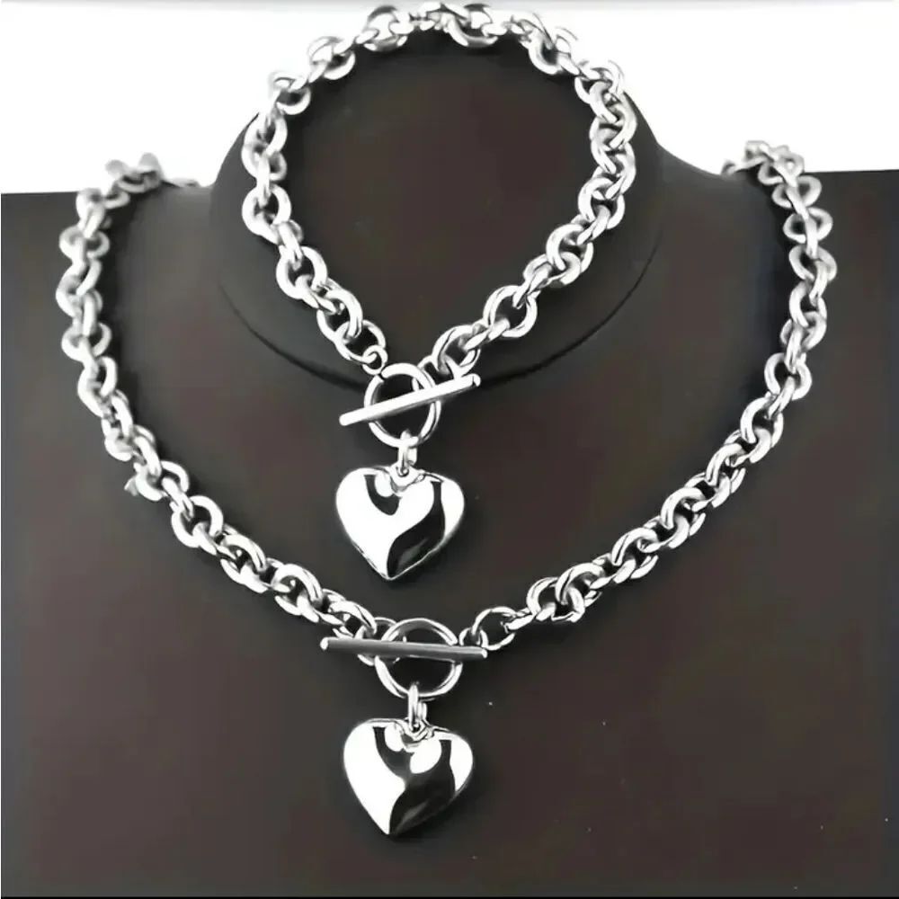 Stainless Steel Silver Chunky Chain Heart Pendant Necklace & Bracelet